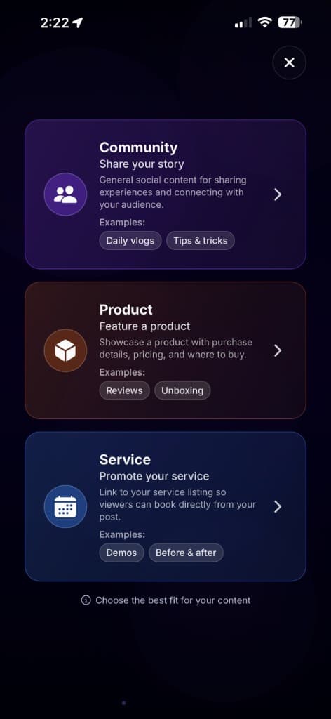 Creator content type selection